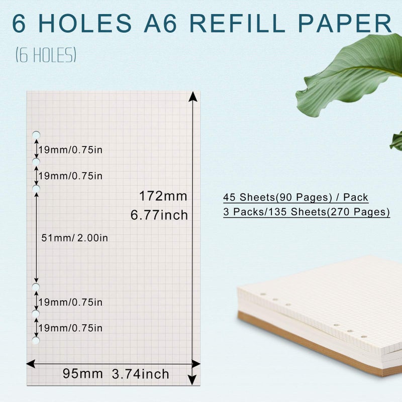 Toplive A6 Refill Paper, [3 Pack] Toplive 100GSM Thick Refillable Paper 6 Hole Filler Inserts Loose Leaf Paper 135 Sheets (270 Pages) for 6 Ring Binder Journal Notebook-Squared Paper - Image 2